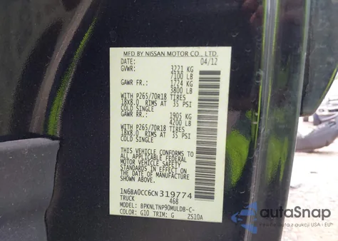 2012 Nissan Titan Sv z USA, uszkodzony, nr VIN 1N6BA0CC6CN319774